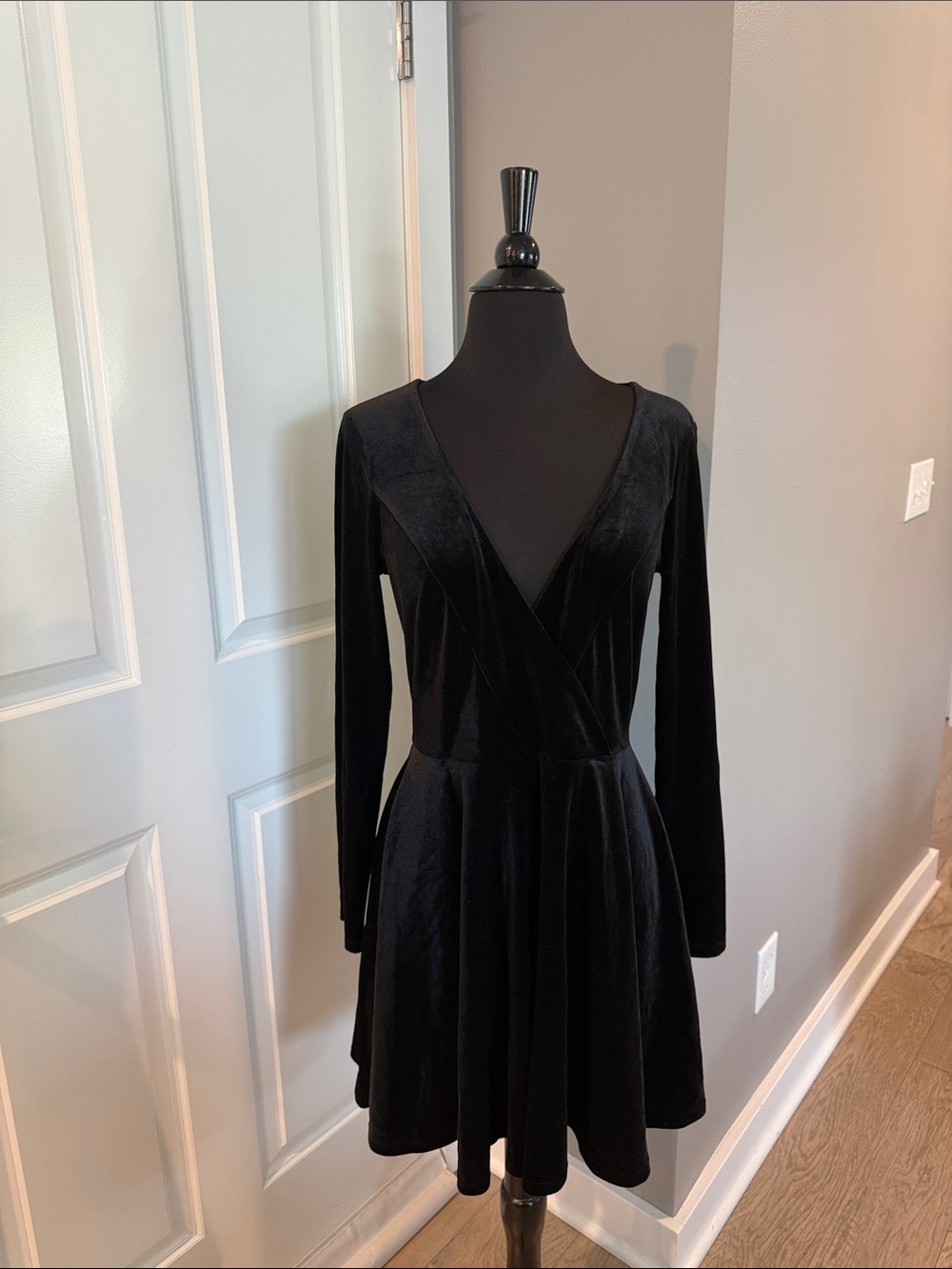 Kimchi Blue Black Velvet Long-Sleeve Wrap Skater Dress
